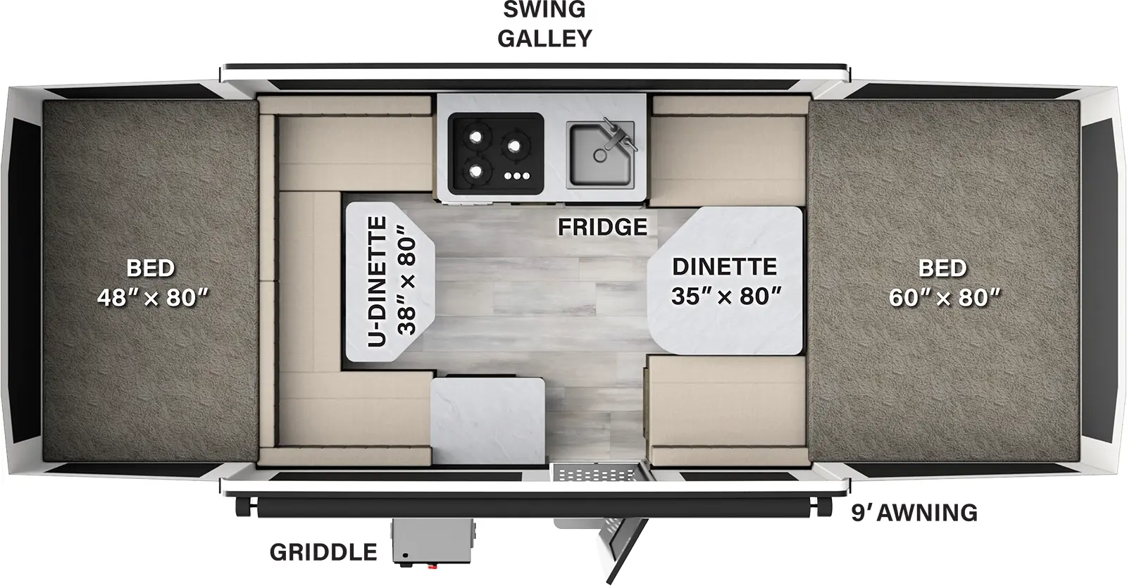 The 208 has zero slideouts and one entry. Exterior features a griddle and a 9 foot awning. Interior layout front to back: front tent bed; dinette; off-door side swing galley with sink, cooktop and refrigerator; door side entry and cabinet; u-dinette; rear tent bed.